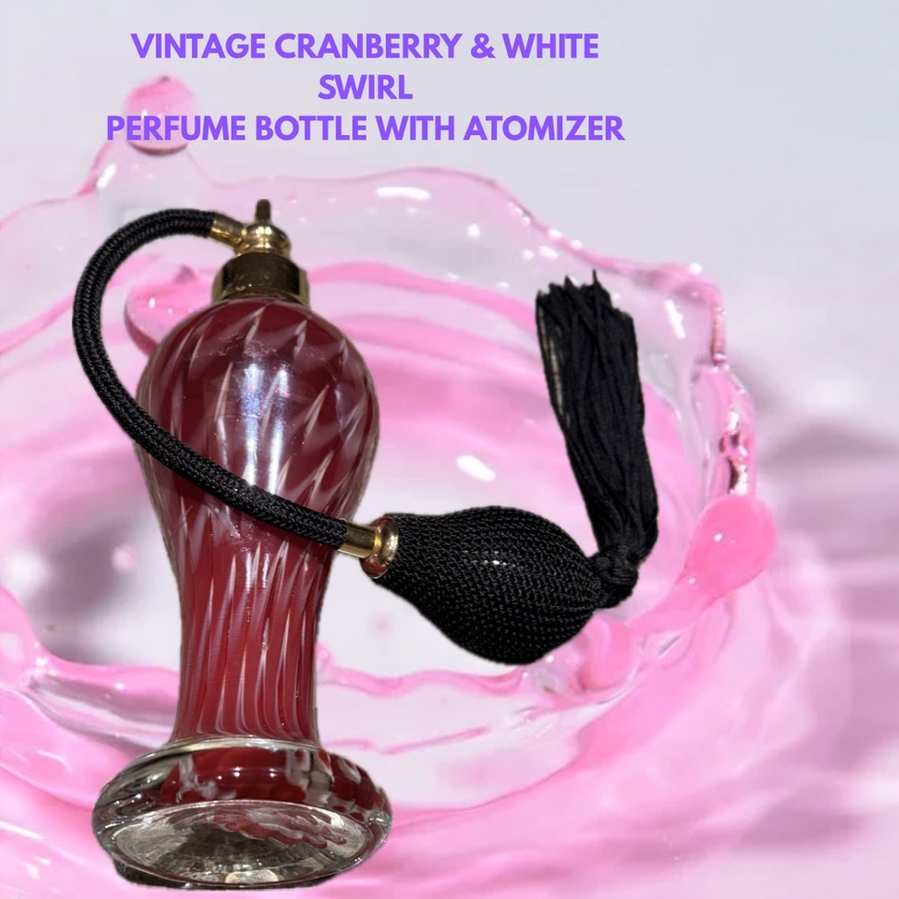 Cranberry Cased Art Glass Feather Swirl Perfume Bottle With Atomizer - Picture 3 of 8